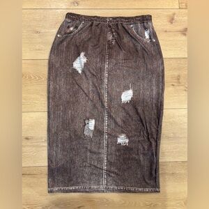 New SHEIN Printed Distressed Brown Denim-Look Knit Straight Skirt XL